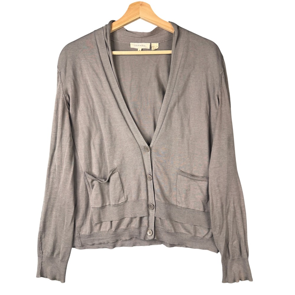Inhabit 100% Cotton V-Neck Button Front Cardigan Sweater Taupe Gray Size M
